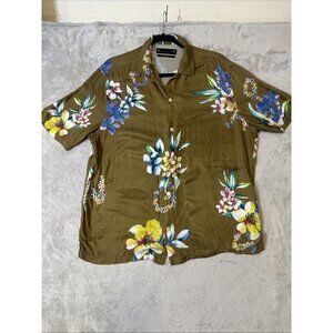 AllSaints Men’s Floral Hawaiian Shirt Size M Relaxed Fit Button Front Brown